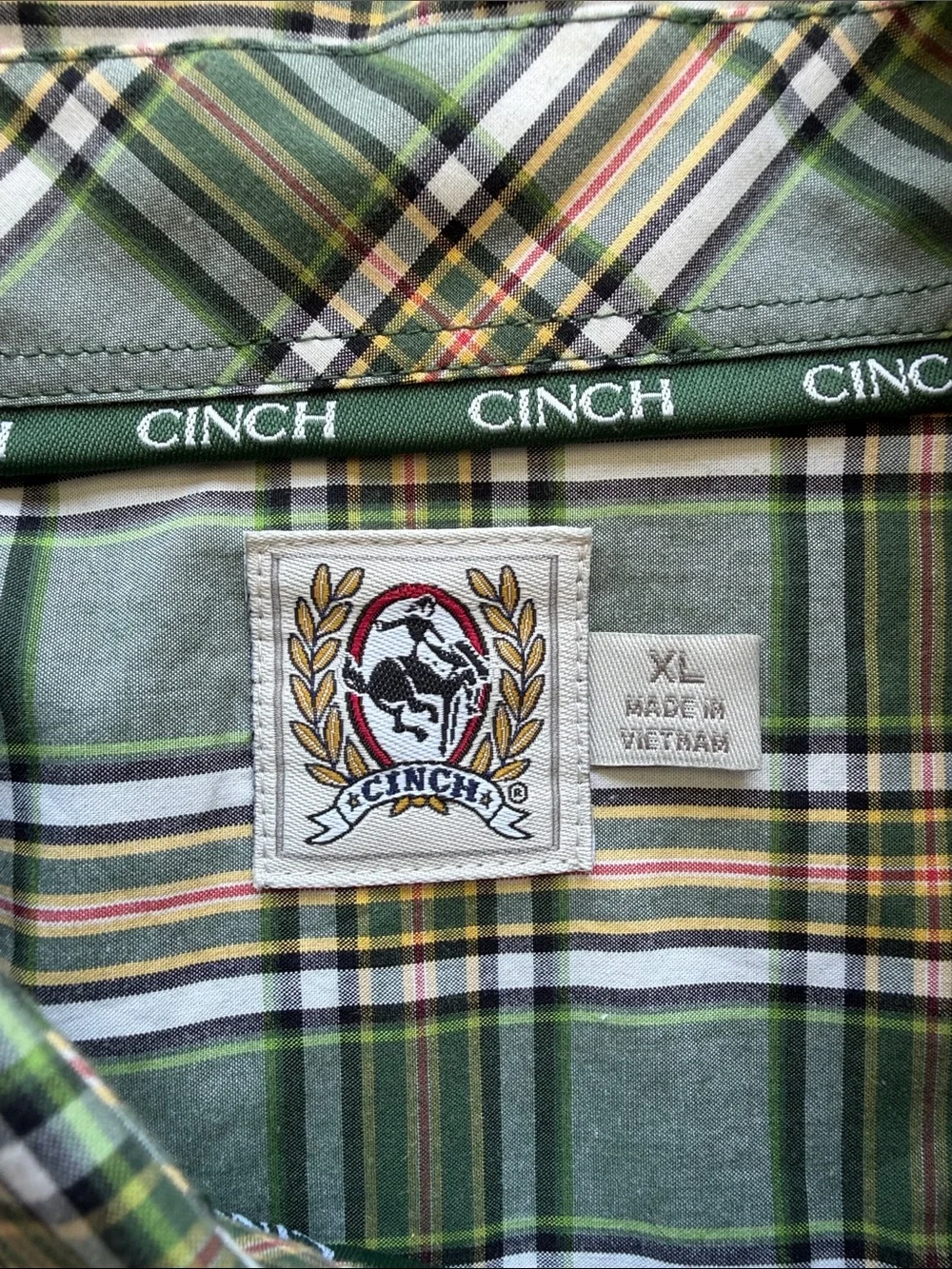 Cinch Men's Green White and Gold Plaid Button-Down Shirt